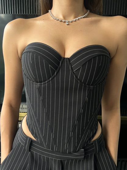 EVE Bustier & Pleated Trousers (Black Pinstripe)